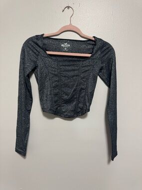 Hollister Shimmery Black Long-Sleeve Ruched Crop Top
